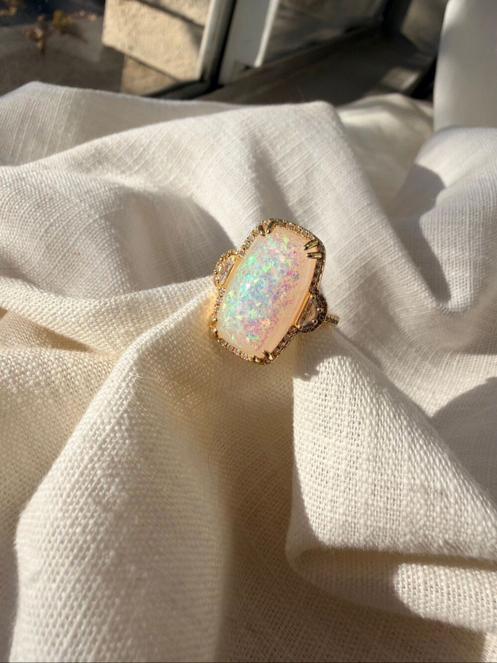 Faux Opal Iridescent Statement Ring Gold Tone Rhinestone Cocktail Ring